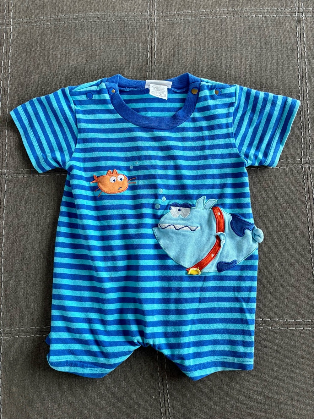 Vintage baby Le Top Blue Striped One-Piece with Shark Appliqué